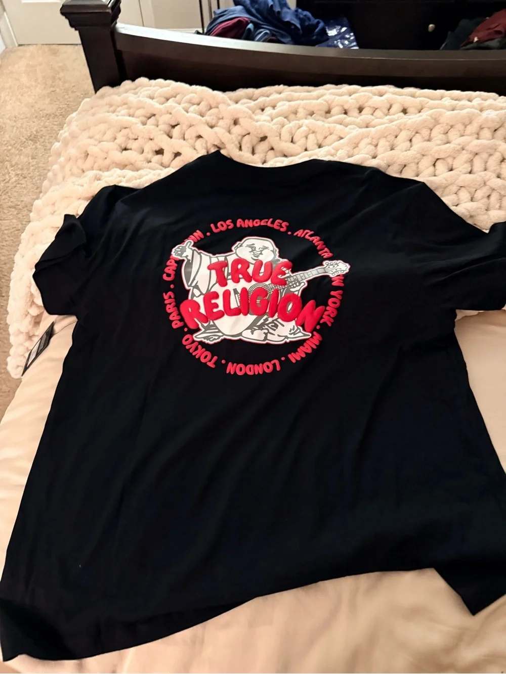 NWT True Religion Black Tee with Red & White Logo Graphics